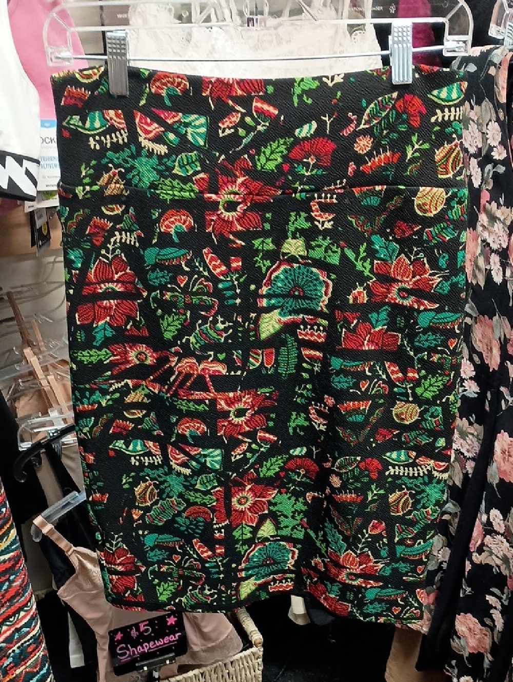 LuLaRoe Black Floral Pencil Skirt with Red and Green Accents